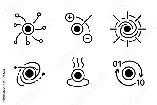 Black Hole Icons. Line style icons of black holes: Hawking radiation, particle pair icon, quantum evaporation, radiation outflow,
