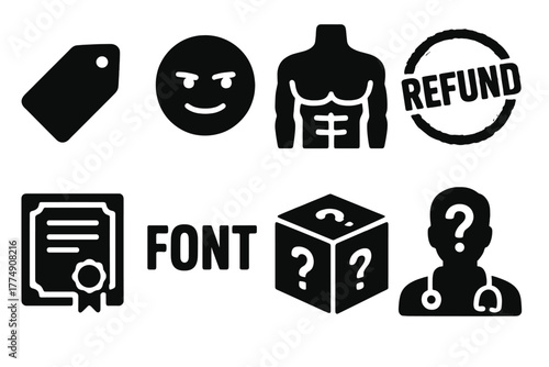 Vintage Health Scam Icons. Solid style icons of vintage health scams: Bold Label Tag, Suspicious Smirk, Overpromised Result Icon,