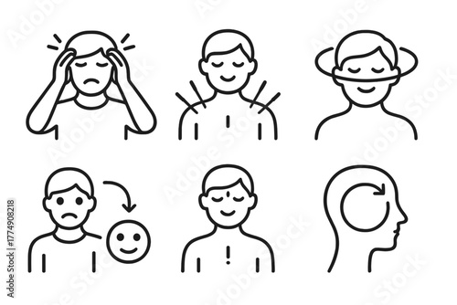 Acupuncture Icons Set. Line style icons of acupuncture: anxiety and stress relief, relaxed posture with needles, calm wave around
