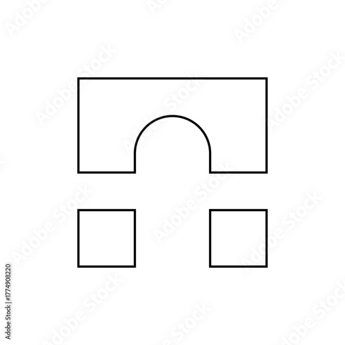 Geometric arrangement featuring a rectangle with an arch and two squares in a symmetrical composition