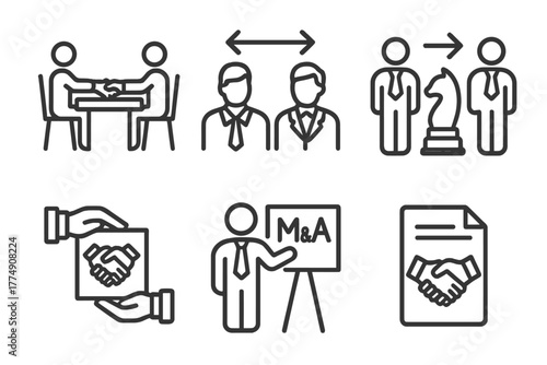 M&A Icon Set. Line style icons of mergers & acquisitions: negotiation table, executive discussion icon, strategy alignment, deal