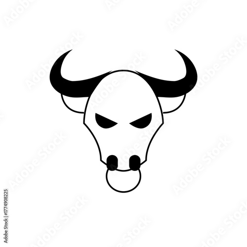 Illustration of a bull's head with curved horns and a ring in its nose, presented in black and white
