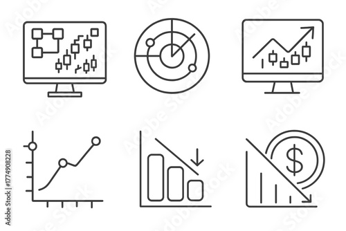 Hedge Fund Icons. Line style icons of hedge funds: trading algorithm interface, signal detection radar, backtesting platform, live