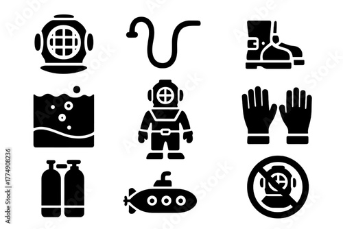 Vintage Diving Gear Icons. olid style icons of Vintage Diving Suit: Helmet, Air Hose, Weighted Boots, Deep Sea, Suit, Gloves,