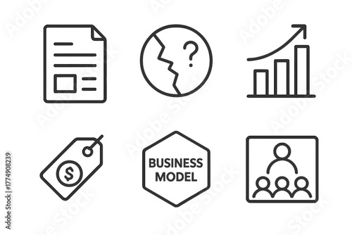 Pitch Deck Icons. Line style icons of Pitch Deck Review: Executive summary file, problem statement icon, solution overview chart,