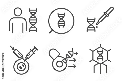 Genetic Engineering Icons. Line style icons of genetic engineering: human gene therapy, inherited disorder icon, somatic gene
