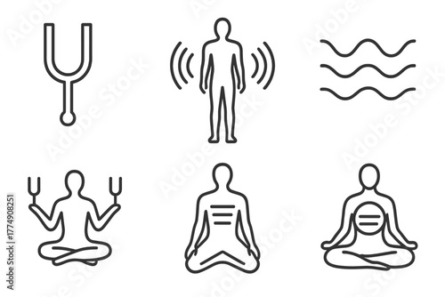 Holistic Healing Icons. Line style icons of holistic healing: vibrational therapy, body with soundwaves, frequency lines symbol,