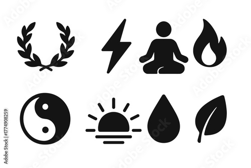 Vintage Wellness Icons. Solid style icons of vintage wellness symbols: Laurel Crown, Vital Spark, Balanced Body, Clean Flame, Body