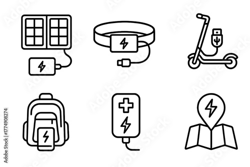 Portable Charging Icons. Line style icons of Charging on the Go: portable solar pack, wearable battery belt, scooter USB dock,