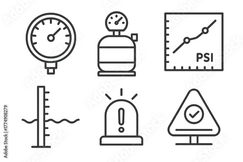 Pressure and Depth Icons. Line style icons of Pressure and Depth Icons: pressure dial, pressure chamber, PSI graph, depth
