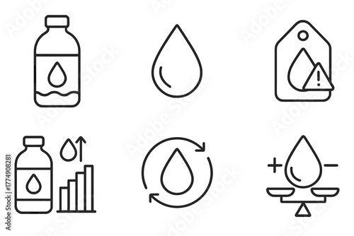 Hydration Science Icons. Line style icons of nutrition science: water and hydration, water droplet icon, daily water intake chart,