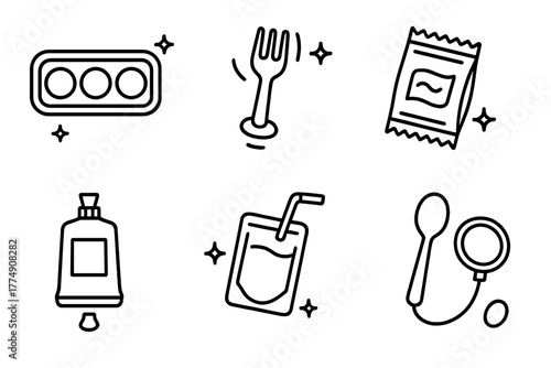 Zero-Gravity Food Utensils. Line style icons of Zero-Gravity Food Utensils: magnetic tray, suction fork, floating meal pack,