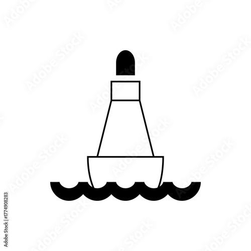Illustration of a black and white buoy floating on water with wavy lines representing the sea surface area