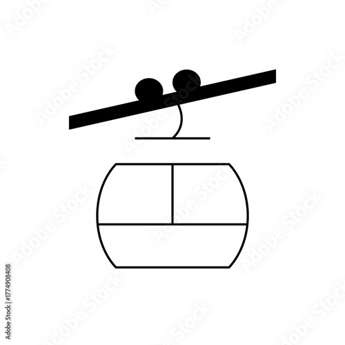 Illustration of a gondola lift with a cable and cabin in black and white simple line drawing style design