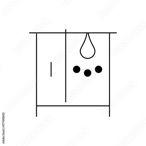 Schematic representation of a shower stall with a water droplet and three black circles inside the stall