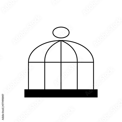 Illustration of a simple black and white birdcage with a round top and a rectangular base design element