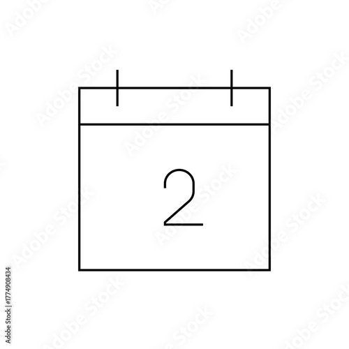 Illustration of a simple calendar icon with the number two displayed in the center in black outline format