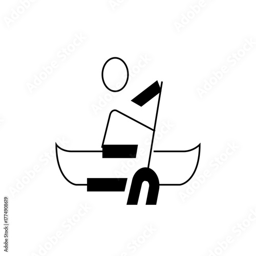 Illustration of a person paddling a canoe with a paddle in a minimalist line drawing style design art