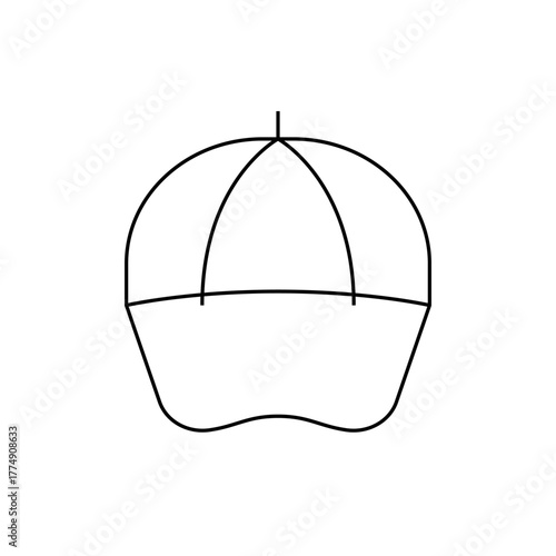 Illustration of a simple white baseball cap with a curved brim and a top divided into sections, outlined in black