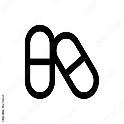 Illustration of two black outline capsule pills overlapping each other on a white isolated background scene