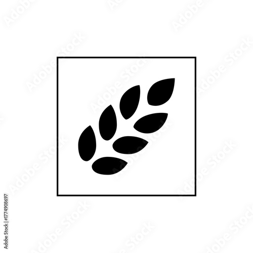 Illustration of a wheat or grain stalk with multiple grains inside a square border in black and white