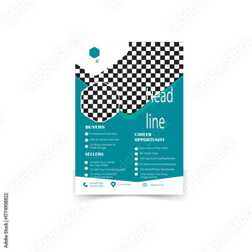 Real Estate Flyer and Business Card Set with Dynamic Checkered Flag Pattern