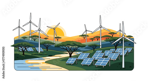 Sustainable Energy Landscape Featuring Wind Turbines, Solar Panels, and Lush Greenery. Ideal for showcasing renewable energy solutions, eco-friendly initiatives, and environmental awareness campaigns.