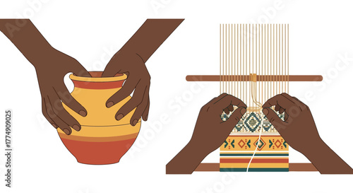 Craftsmanship illustration showcasing pottery creation and traditional weaving techniques. Ideal for depicting cultural heritage, artisanal skills, or creative processes.