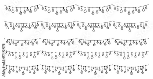 Hanging string‑light garland borders – festive Edison bulb rows in minimalist line art for holiday décor