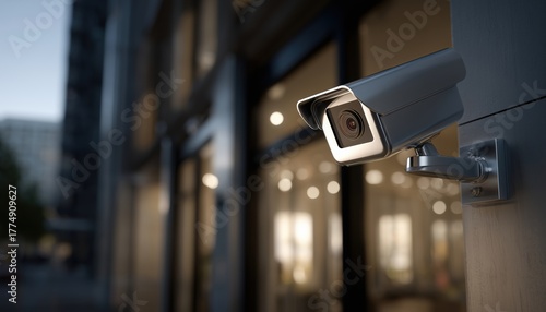 Cctv Surveillance Camera Mounted On Building Wall, Monitoring Blurred Entryway Area. Modern Security System Keeping Watch On Exterior Premises.