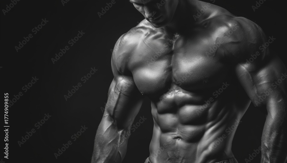 Fototapeta premium Muscular Bodybuilder Shows Off Fit Physique In Black And White Photo With Dramatic Lighting, Highlighting His Impressive Biceps.