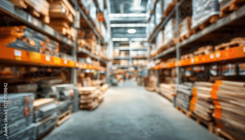 Blurry Home Improvement Store: Warehouse Aisle Filled With Building Materials In Industrial Setting. Abstract Background Of Diy Store.
