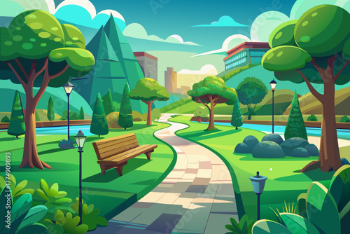 Digital image of a modern green park with walking paths, trees, benches, clean landscape design, beautiful cobblestone crossing with sunlight on park site, relaxing outdoor recreation area in urban en