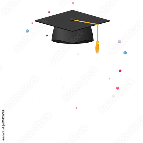 Black Graduation Cap With Gold Tassel and Colorful Confetti Falling Against a Transparent Background Celebrating Academic Achievement and Success