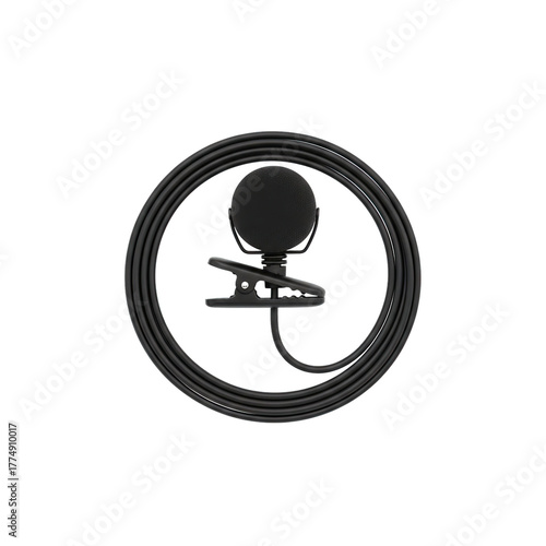 Black Lavalier Microphone With Clip and Coiled Cable Isolated On Transparent Background Studio Product Shot