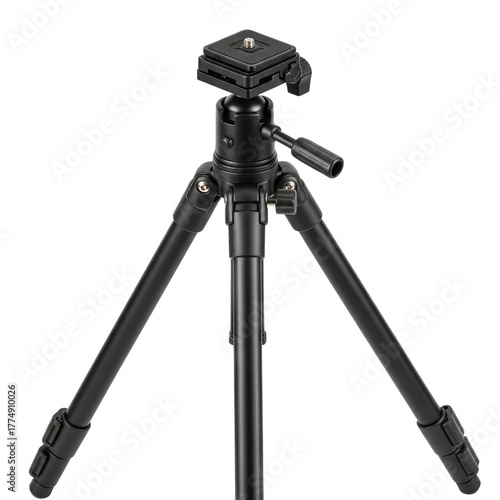 Black Professional Photography Tripod with Adjustable Legs and Camera Mount Against A Black Background
