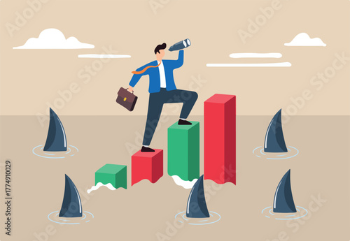Businessman navigates sea of sharks with telescope over graph. Concept of risk management in investment, stock trading, cryptocurrency, and economic strategies amidst market volatility and uncertainty