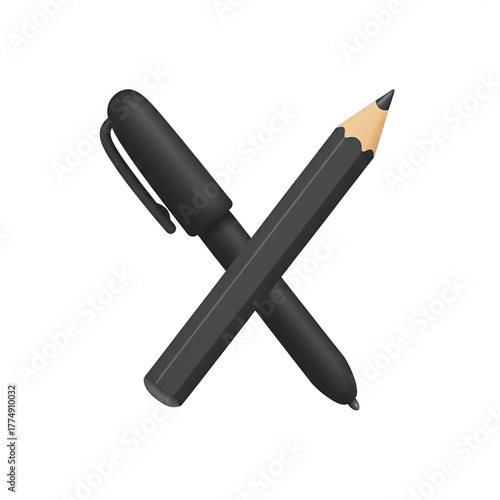 Black Pen and Pencil Crossed Together Isolated on Transparent Background Symbolizing Writing and Creativity