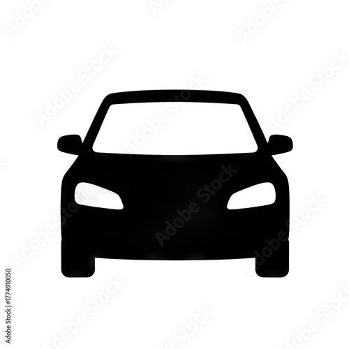 Black Silhouette of a Modern Sedan Car With Glowing White Headlights Facing Forward on a Transparent Background Detailed Automotive Illustration