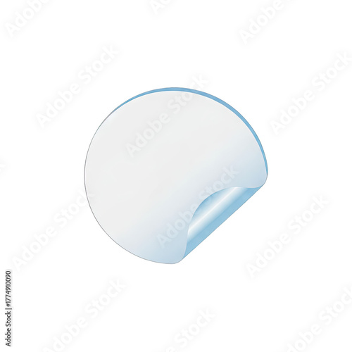 Blank Round Sticker With Curled Edge Showing Light Blue Underside and Gradient Shadows on Transparent Background
