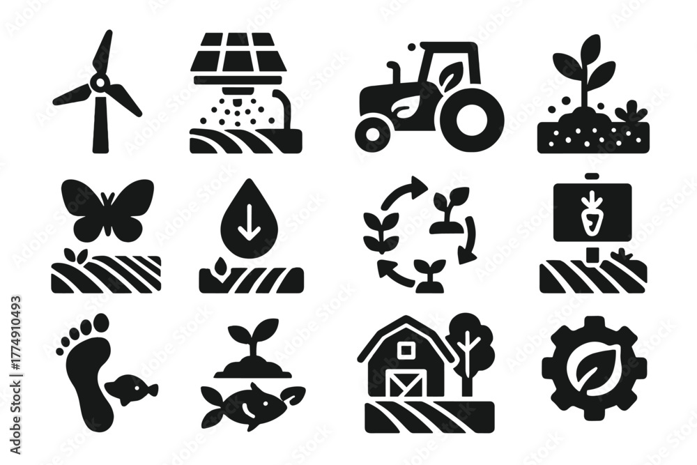 Fototapeta premium Sustainable Farming Icons. Solid style icons of sustainable precision farming: renewable energy windmill, solar-powered irrigation