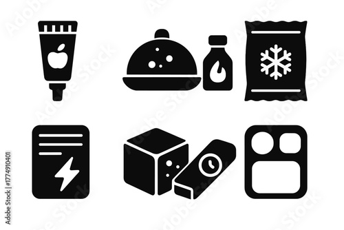 Interstellar Meal Icons. Solid style icons of interstellar meal preservation: space food capsule, zero-G sealed dish, astronaut