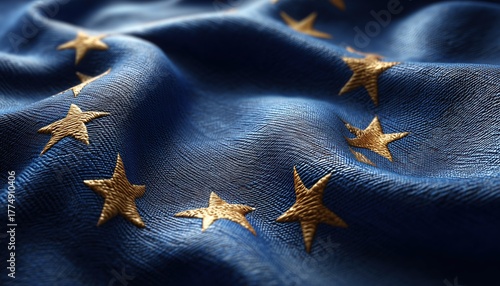 Close-Up View Of Waving Euro Flag, Showing Fabric Texture And Folds In Detailed Render.
