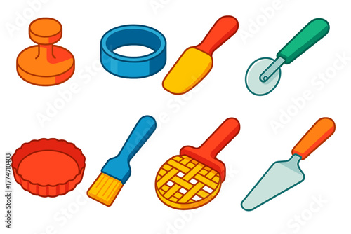 Bold Baking Tools. Isometric vector illustration set Baking tools – tart tamper, tart ring, tart paddle; pastry wheel, crimp wheel