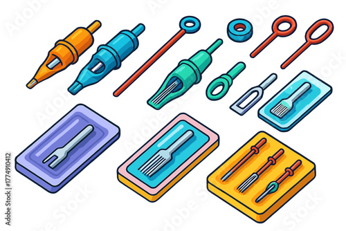Tattoo Equipment Illustration. Isometric vector illustration set Tattoo equipment – disposable tattoo needle cartridges, round