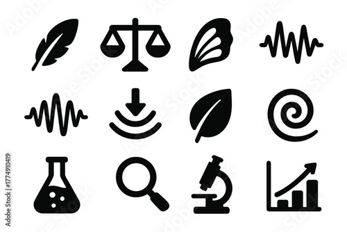 Sound Absorption Icons. Solid style icons of sound absorption and protective adaptations: feather, scale, moth wing, vibration