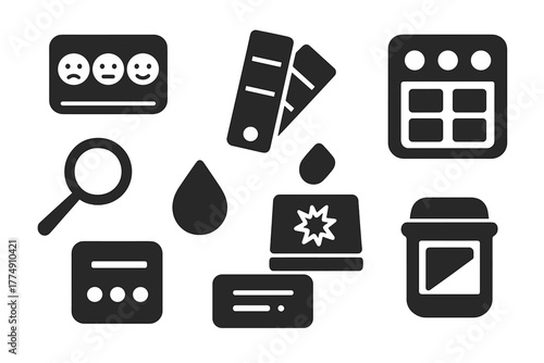 Dye Testing Kit Icons. Solid style icons of dye testing kits: mood tester icon, swatch strip badge, micro-lab panel. Sample loop,