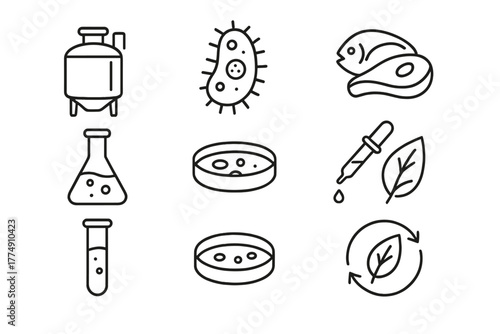 Microbial Innovation Icons. Line style icons of Microbial Innovation: Fermentation Tank, Microorganism, Protein Source, Future