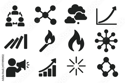 Ideas Viral Spread Icons. Solid style icons of viral spread of ideas: contagion arrows, chain reaction, thought cloud replication,