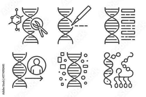 Genetic Expression Icons. Line style icons of genetic expression in art: CRISPR concept art, gene editing diagram, encoded message